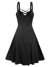 Lace Up Ruffle Straps Dress Sleeveless A Line Punk Style Knee Length Solid Black Dresses